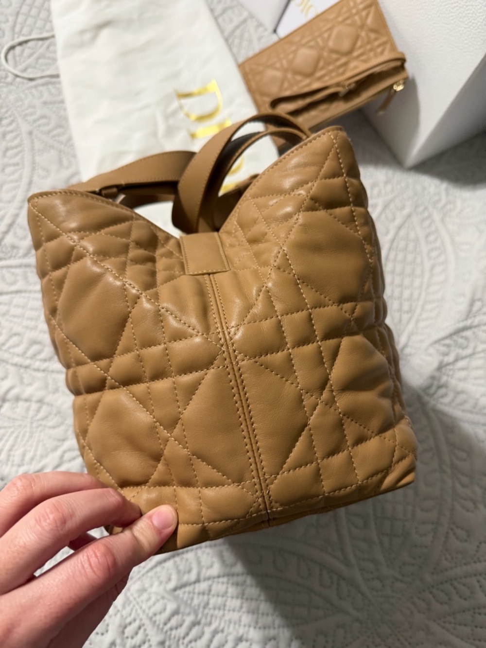 Dior Tan Quilted Tote with Matching Pouch and Gold Charm - Picture 4 of 10